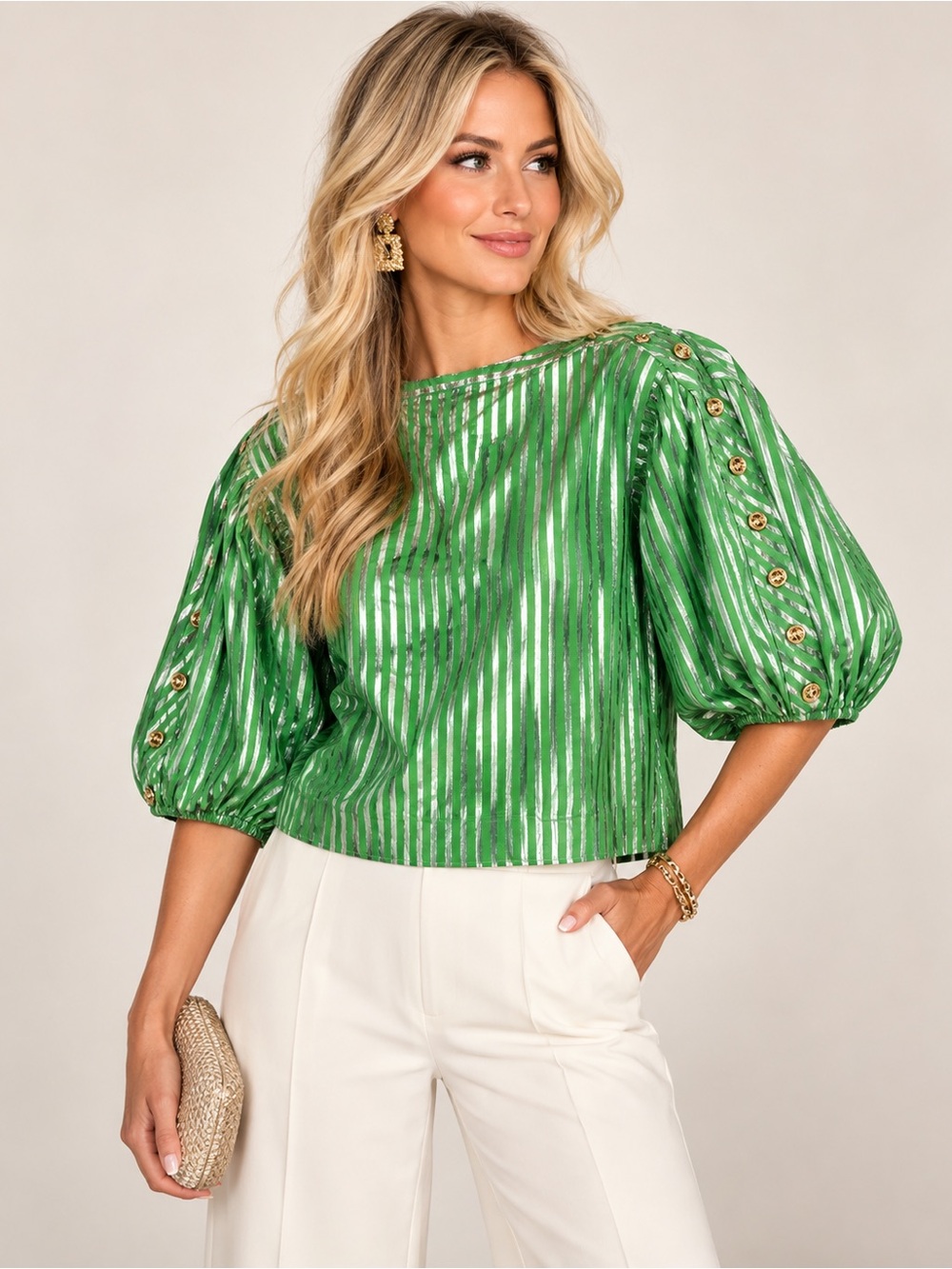 Metallic Green Striped Puff-Sleeve Blouse with Gold Buttons